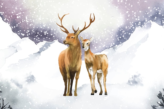 Hand-drawn pair of deer in a winter landscape