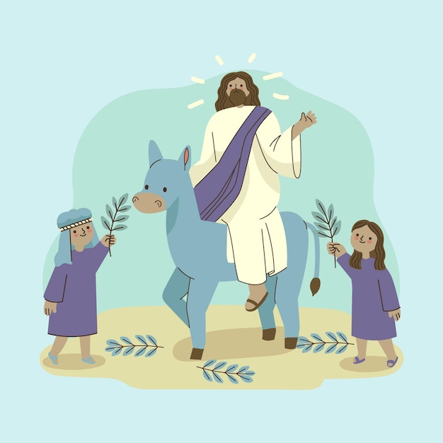 Hand-drawn palm sunday illustration with jesus and donkey