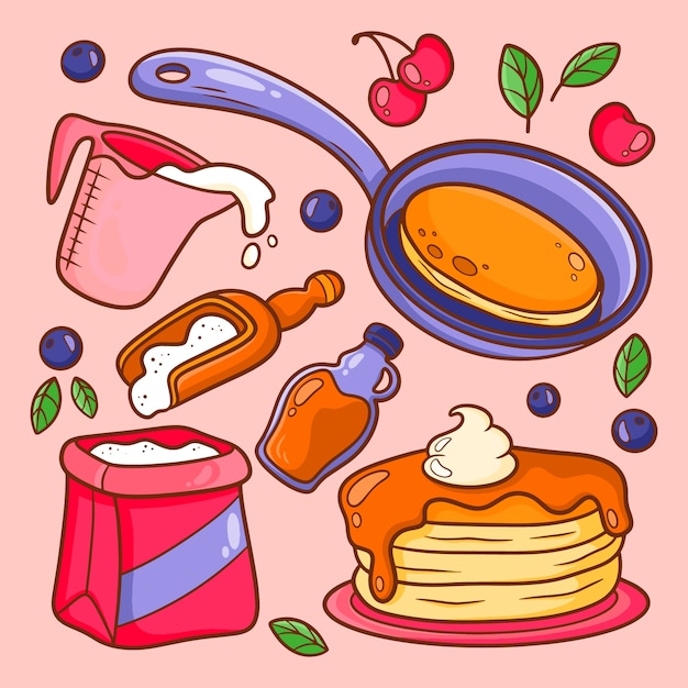 Vettore gratuito collezione di elementi del giorno dei pancake disegnati a mano