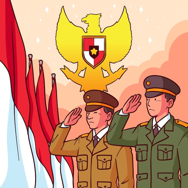 Vettore gratuito illustrazione disegnata a mano del giorno della pancasila con i comandanti che salutano