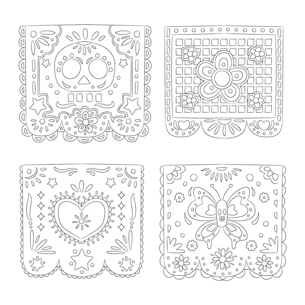 Vettore gratuito illustrazione della pagina da colorare papel picado disegnata a mano