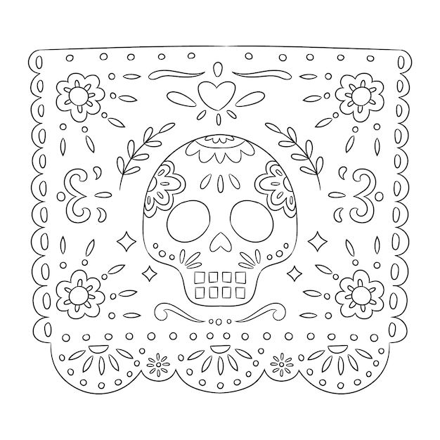 Vettore gratuito illustrazione della pagina da colorare papel picado disegnata a mano