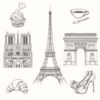 無料ベクター 手描きのパリのシンボル。フランスの観光とタワーエッフェル、ノートルダムとクロワッサンのアイコン。手描きパリサインベクトルイラスト