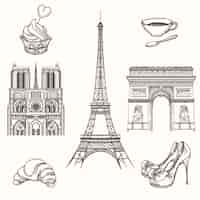 Free vector hand drawn paris symbols. french tourism and tower eiffel, notre dame and croissant icons. hand drawn paris signs vector illustration