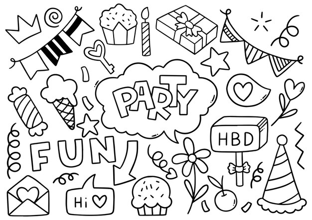 手描きパーティー落書きお誕生日おめでとう装飾イラスト プレミアムベクター 手描きパーティー落書きお誕生日おめでとう装飾イラスト プレミアムベクター