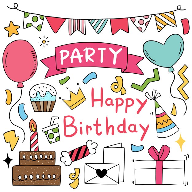 手描きパーティー落書きお誕生日おめでとう装飾イラスト プレミアムベクター