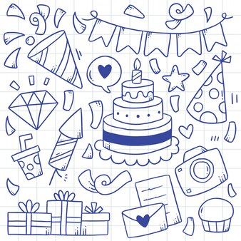 手描きパーティー落書きお誕生日おめでとう装飾イラスト プレミアムベクター 手描きパーティー落書きお誕生日おめでとう装飾イラスト プレミアムベクター