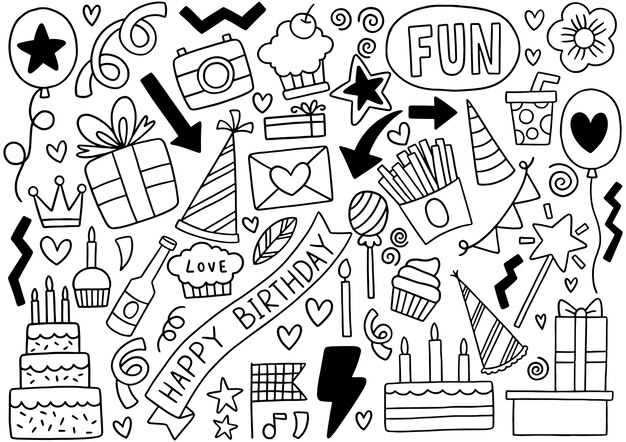 手描きパーティー落書きお誕生日おめでとう装飾イラスト プレミアムベクター