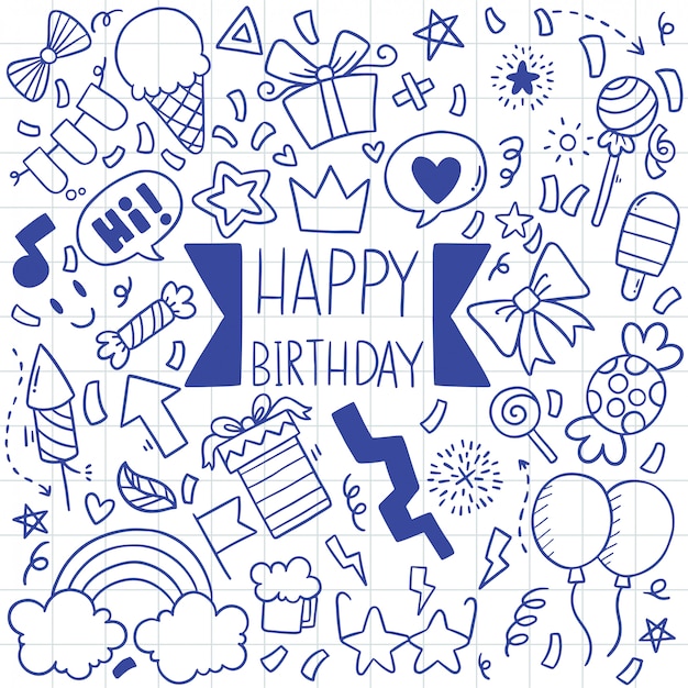 手描きパーティー落書きお誕生日おめでとうパターンイラスト プレミアムベクター