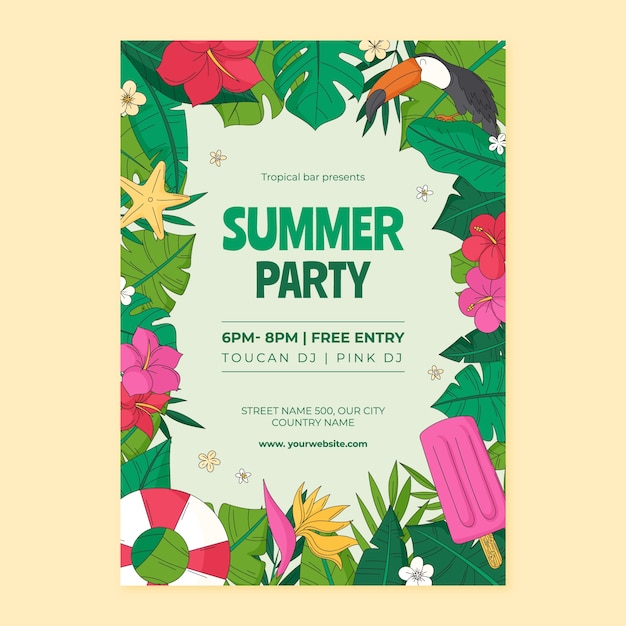 여름 시즌을 위한 손으로 그린 파티 포스터 템플릿