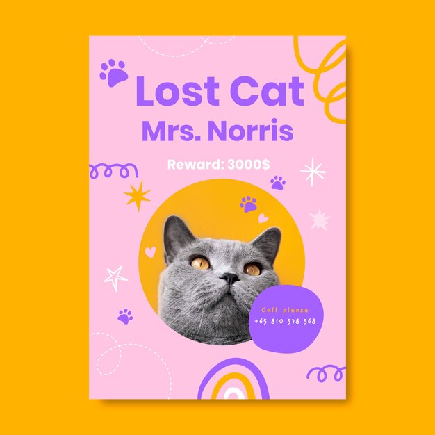 Hand drawn pastel lost cat mrs norris poster