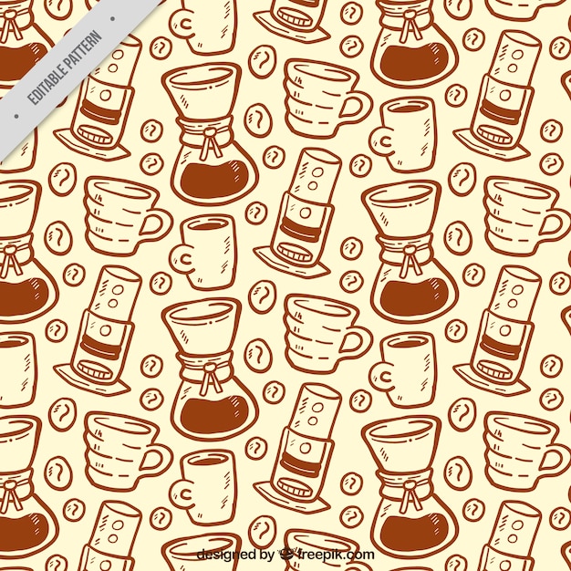 Hand-drawn pattern with coffee makers and mugs