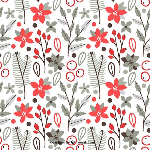 Hand-drawn pattern with grey and red floral decoration