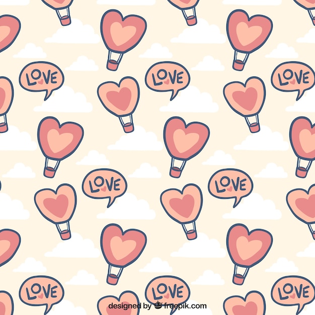 Hand-drawn pattern with hot air balloons for valentine's day