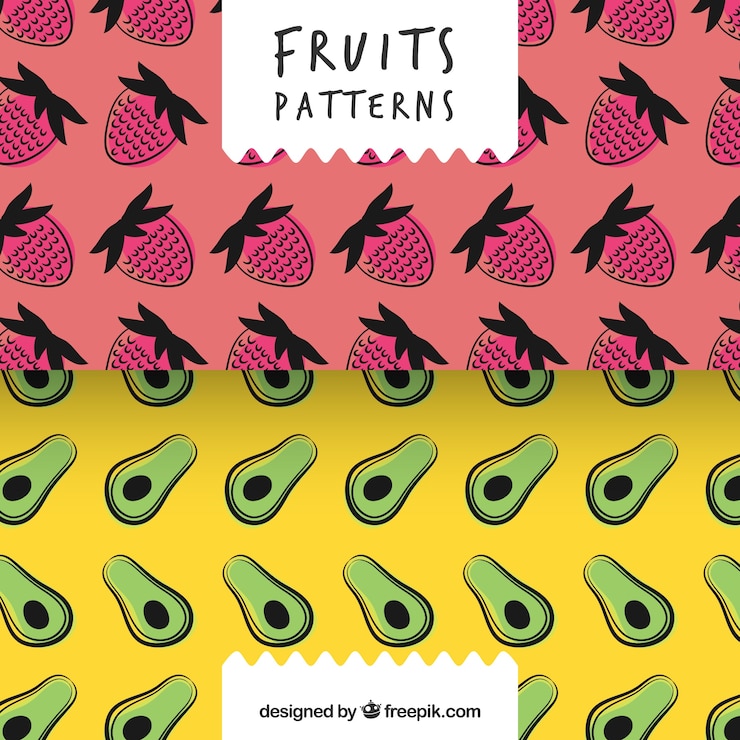 Free Vector hand drawn patterns of strawberries and avocados