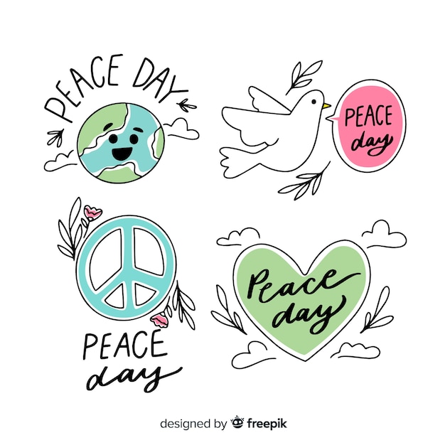 Vettore gratuito collezione di badge giorno della pace disegnati a mano