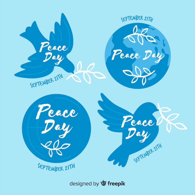 Free vector hand drawn peace day badge collection