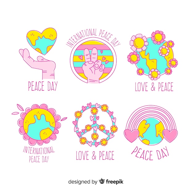 Free vector hand drawn peace day badge collection