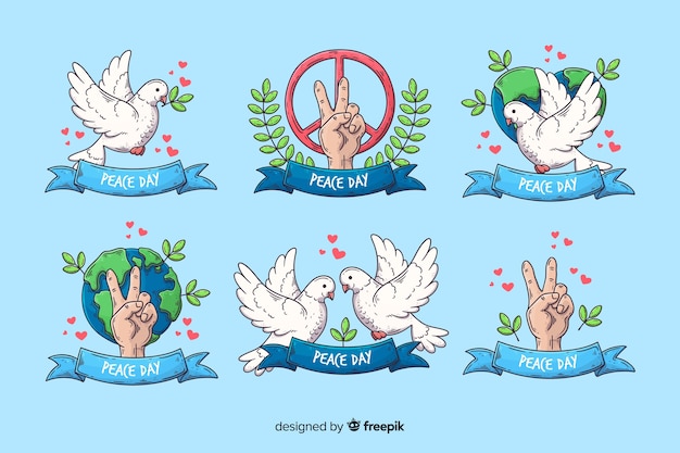 Free vector hand drawn peace day badge collection