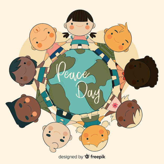 Free vector hand drawn peace day composition with children holding hands