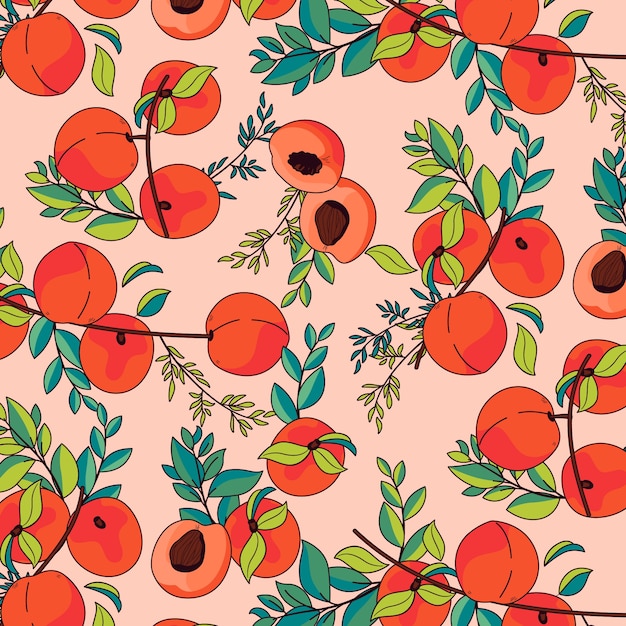 Hand drawn peach and leaves pattern