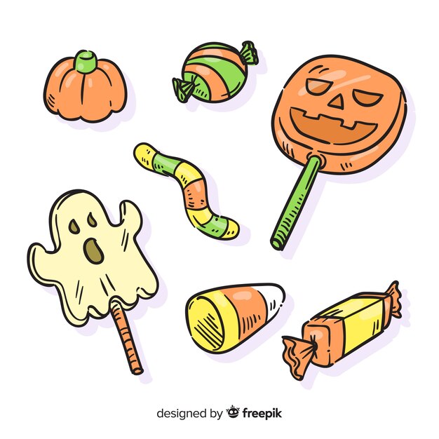 Hand drawn in pencil halloween candy collection