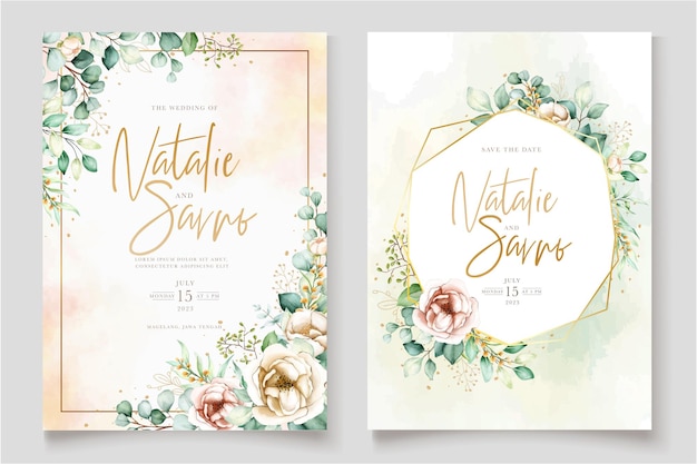 Free vector hand drawn peonies wedding card template