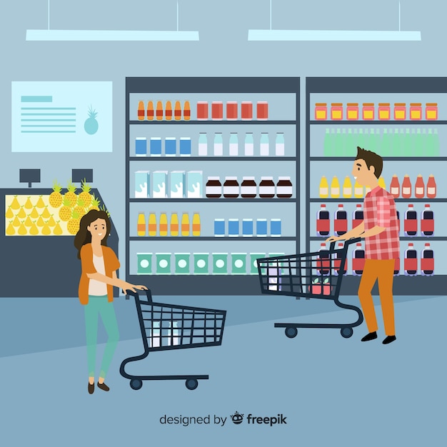 Hand drawn people buying in the supermarket background