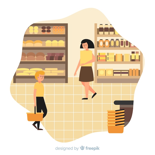 Hand drawn people buying in the supermarket background