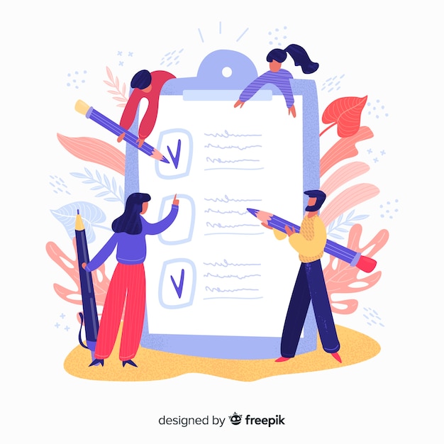 Free vector hand drawn people checking giant checklist illustration