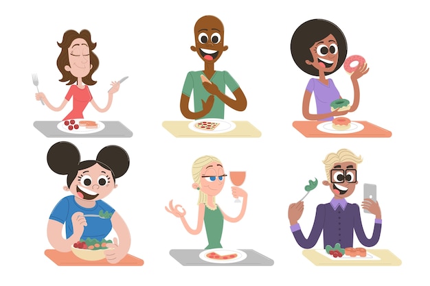 Free vector hand drawn people eating collection