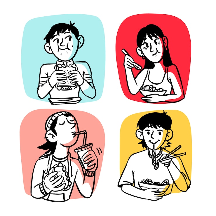 無料Vector コレクションを食べる手描きの人々