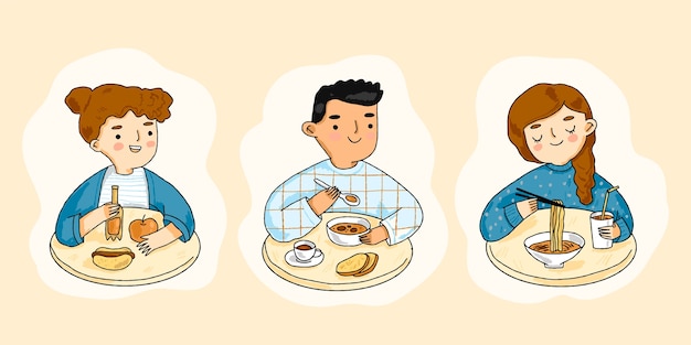 Hand drawn people eating set