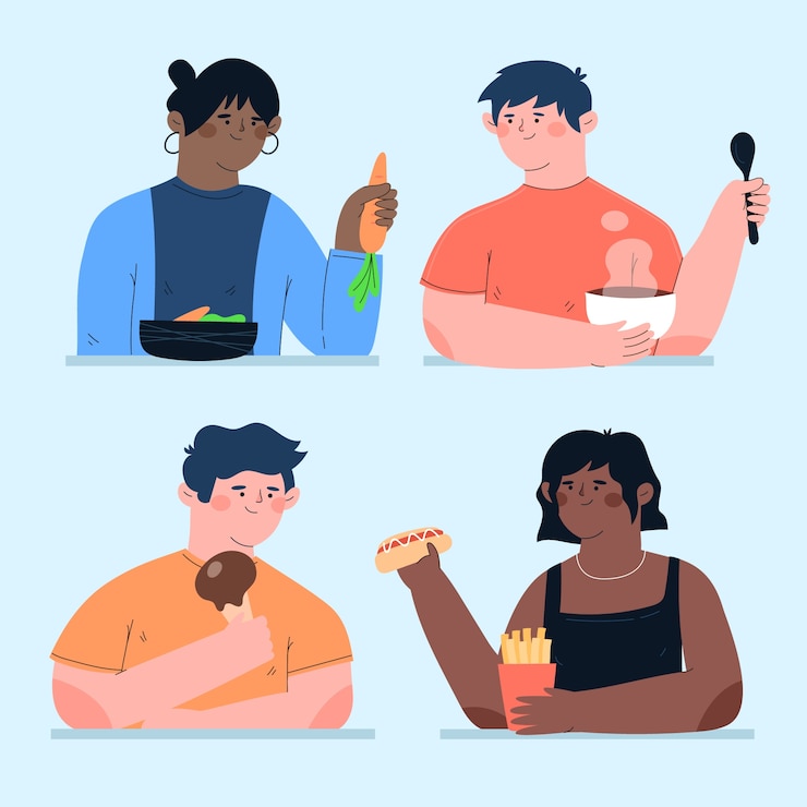 Free Vector hand drawn people eating tasty food collection