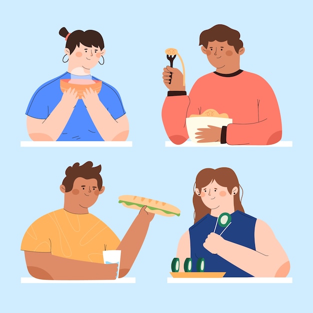 Hand drawn people eating tasty food pack