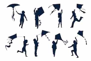 Free vector hand drawn people flying kite silhouette