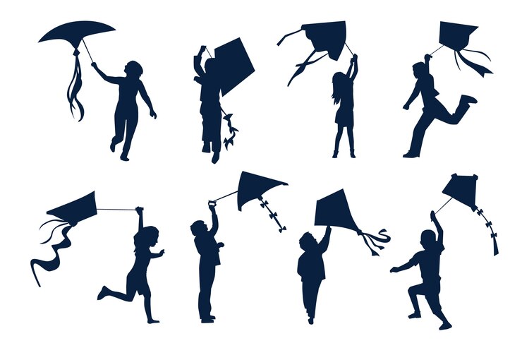 Free Vector hand drawn people flying kite silhouette