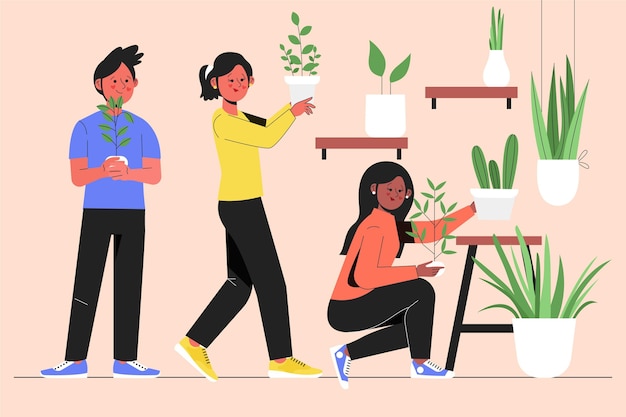 Free vector hand drawn people gardening together