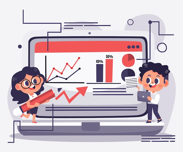 Free Vector hand drawn people gathering data with computer