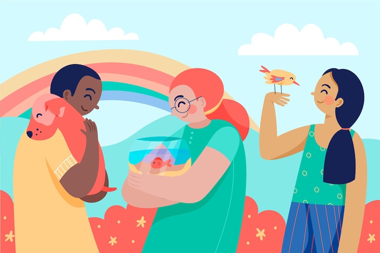 Free Vector hand drawn people group with pets