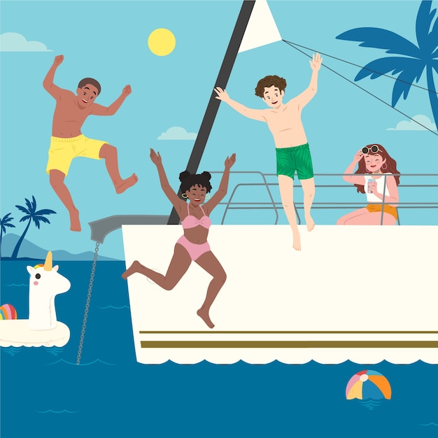 Hand drawn people having fun at boat party illustration