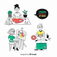 Free vector hand drawn people at home collection