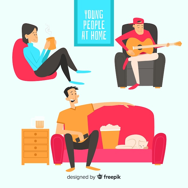 Free vector hand drawn people at home collection