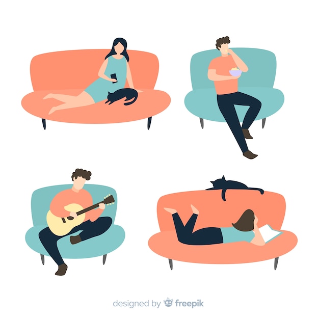 Free vector hand drawn people at home collection