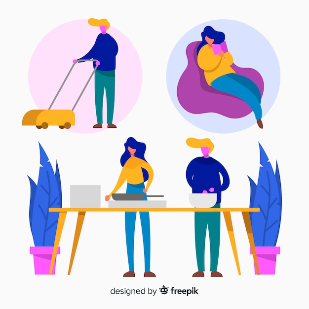 Free vector hand drawn people at home collection