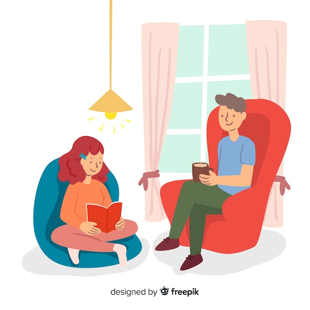 Hand drawn people at home illustration