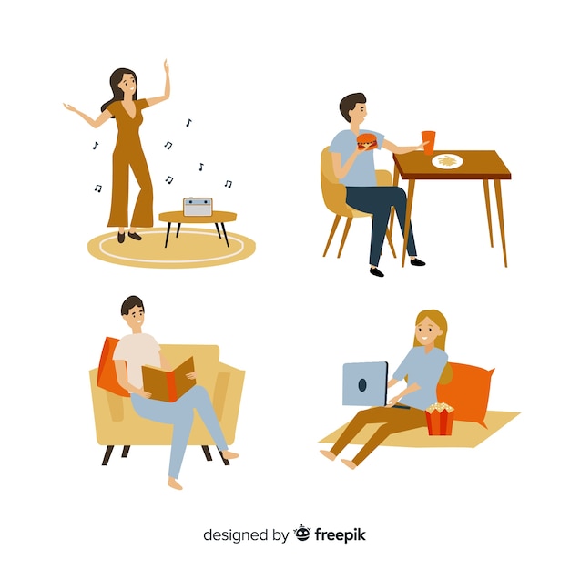 Free vector hand drawn people at home pack