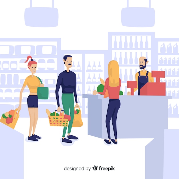 Бесплатное векторное изображение Рисованной люди на фоне супермаркета