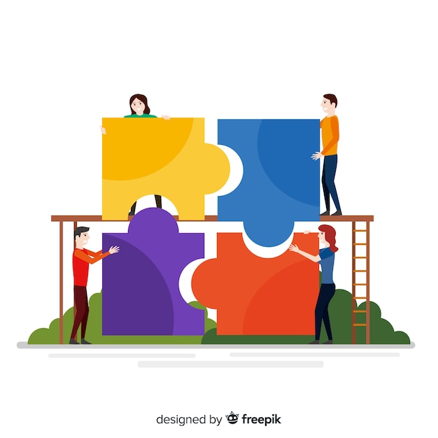 Free vector hand drawn people making a puzzle background