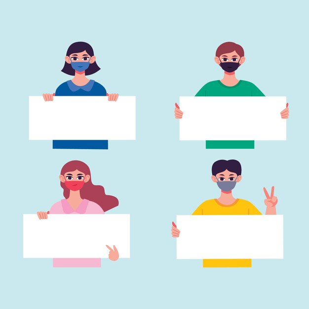 Рисованные люди в медицинских масках с плакатами